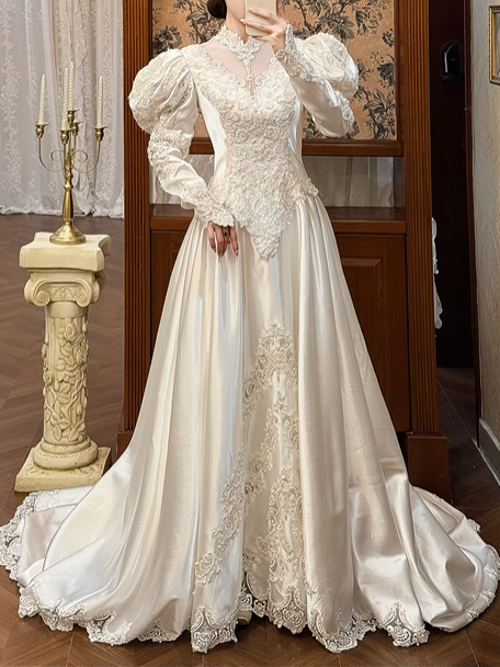 Ivory Vintage Satin Wedding Gown, Sheer Lace High Neck Over Sweetheart Neck, Puff Long Sleeves, Heavy Lace Appliqué Pointed Waist, A‑Line Long Train With Scalloped Lace Hem, Prom Dress gh8643