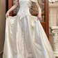 Ivory Vintage Satin Wedding Gown, Off‑the‑Shoulder Fold‑Over V‑Neck, Lace Appliqué Fitted Waist, A‑Line Long Skirt With Lace Embroidery, Lace Trimmed Train, Bridal Prom Dress gh8728