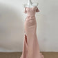Rosa/Weiß Einfache Elegante Lange Bodenlangen Satin Ballkleid Abendkleid Partykleid gh4189