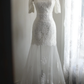 Off‑the‑Shoulder Mermaid Wedding Dress, Lace Elbow‑Length Sleeves Pearl Beaded Waistband Illusion Tulle Lace Train Bridal Gown gh9116