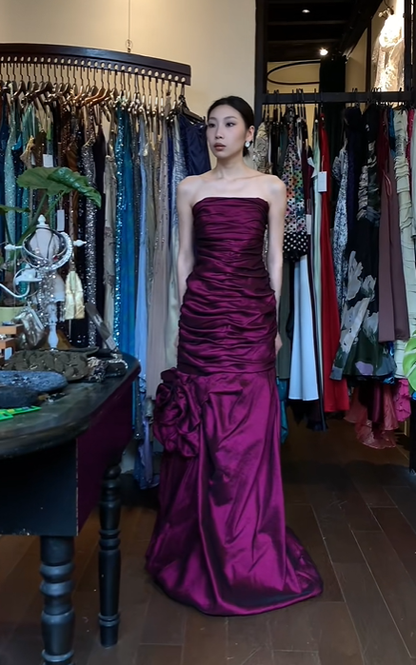 Fuchsia Strapless Tube Long Formal Gown Ruched Satin Mermaid 3D Floral Evening Dress gh9656