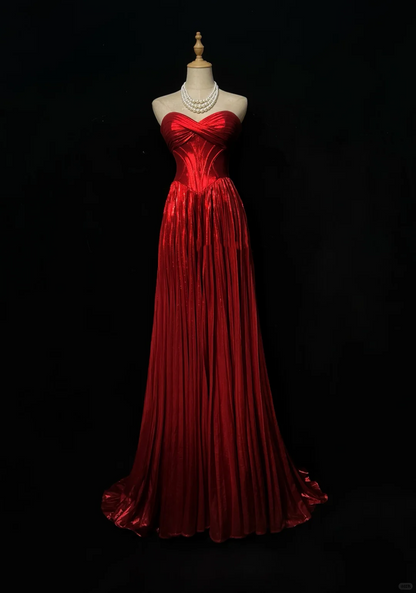 Strapless Bright Red Prom Dress Twisted Sweetheart Neckline Metallic Pleated Formal Gown with Train gh9544