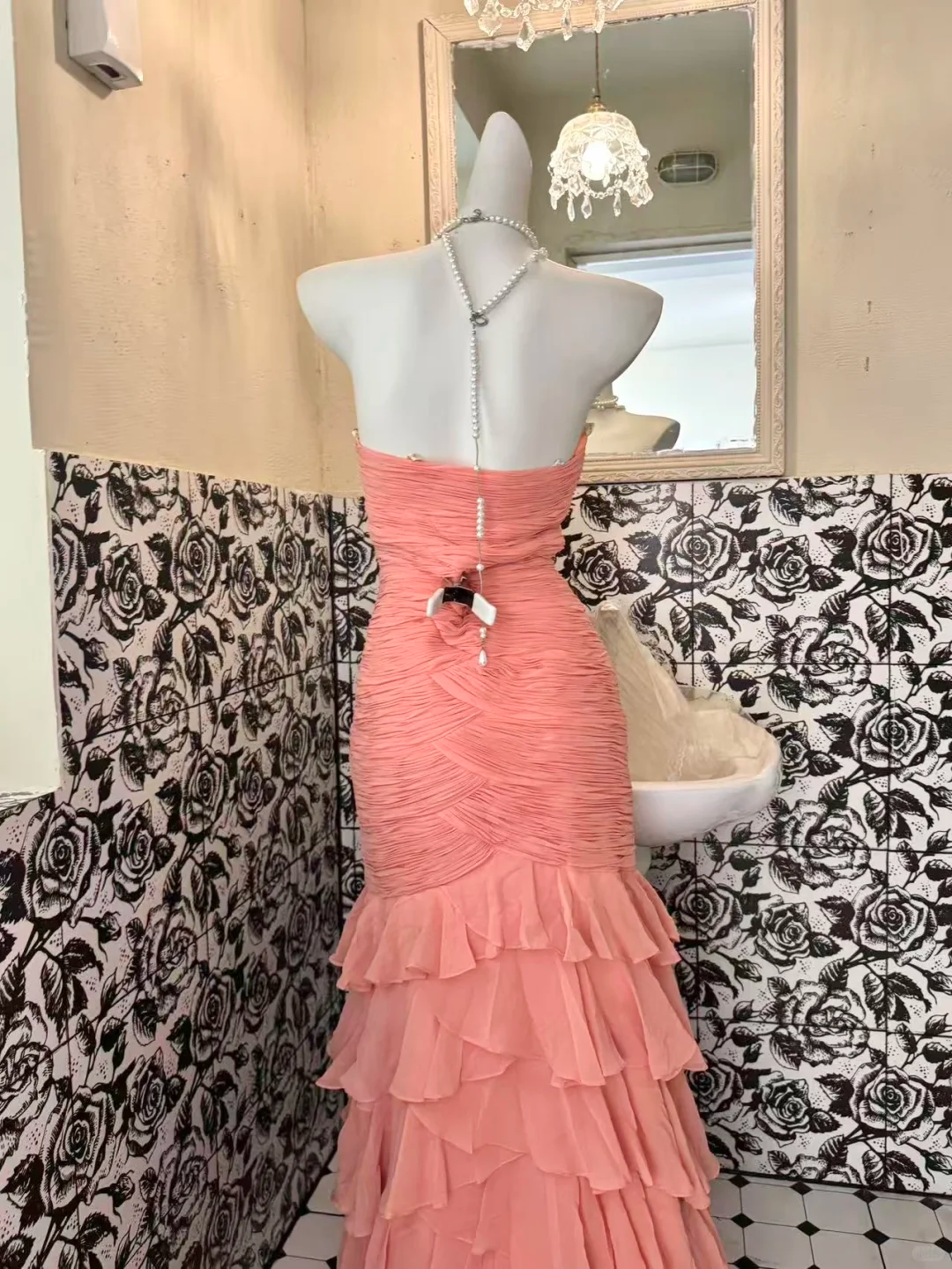 Pink Strapless Waist-Cinched Designer Style Figure-Flattering Sexy Bodycon Long Romantic Dress, Wedding Gown gh7750