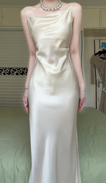 Champagne Satin Long Evening Gown, Asymmetrical Draped Neckline, Single Thin Strap, High Side Slit, Fitted Column Maxi Dress gh8935