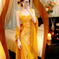 Golden Yellow Spaghetti Straps Evening Gown, Floral Print Mermaid Dress With Tassel Knit Shawl Prom Dress gh9135