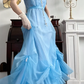 Sky‑Blue Vintage Chiffon Prom Gown, Square Neck Cap Puff Short Sleeves, Matching Thin Sash Waistband, Flowy Full‑Length Skirt With Gathered Knot Skirt Details, Floor‑Length Evening Prom Dress gh8794