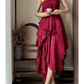 Burgundy‑Strapless‑Asymmetrical‑Gown Detachable‑Halter‑Sash Crinkle‑Textured‑Fabric Multi‑Layer‑Tattered‑Ruffle‑High‑Slit‑Skirt Retro‑Boho‑Photoshoot‑Evening‑Dress gh8853
