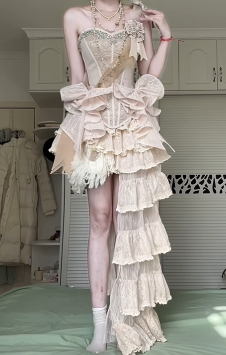 Light Apricot Strapless Corset Evening Gown, Beaded Lace Asymmetrical High‑Low Ruffled Prom Dress gh9040