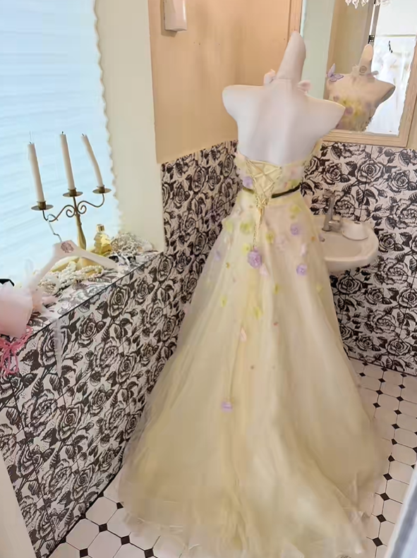Light Yellow Strapless Cinched Waist A-Line Skirt Long Romantic Dress, Wedding Gown gh7825