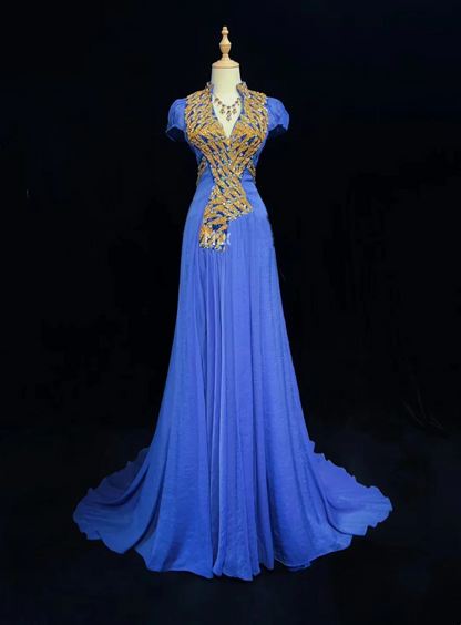 ✨Girlhomeshops-Royal Blue Cap Sleeve Gold Beaded Chiffon Gown Sweep Train gh10150
