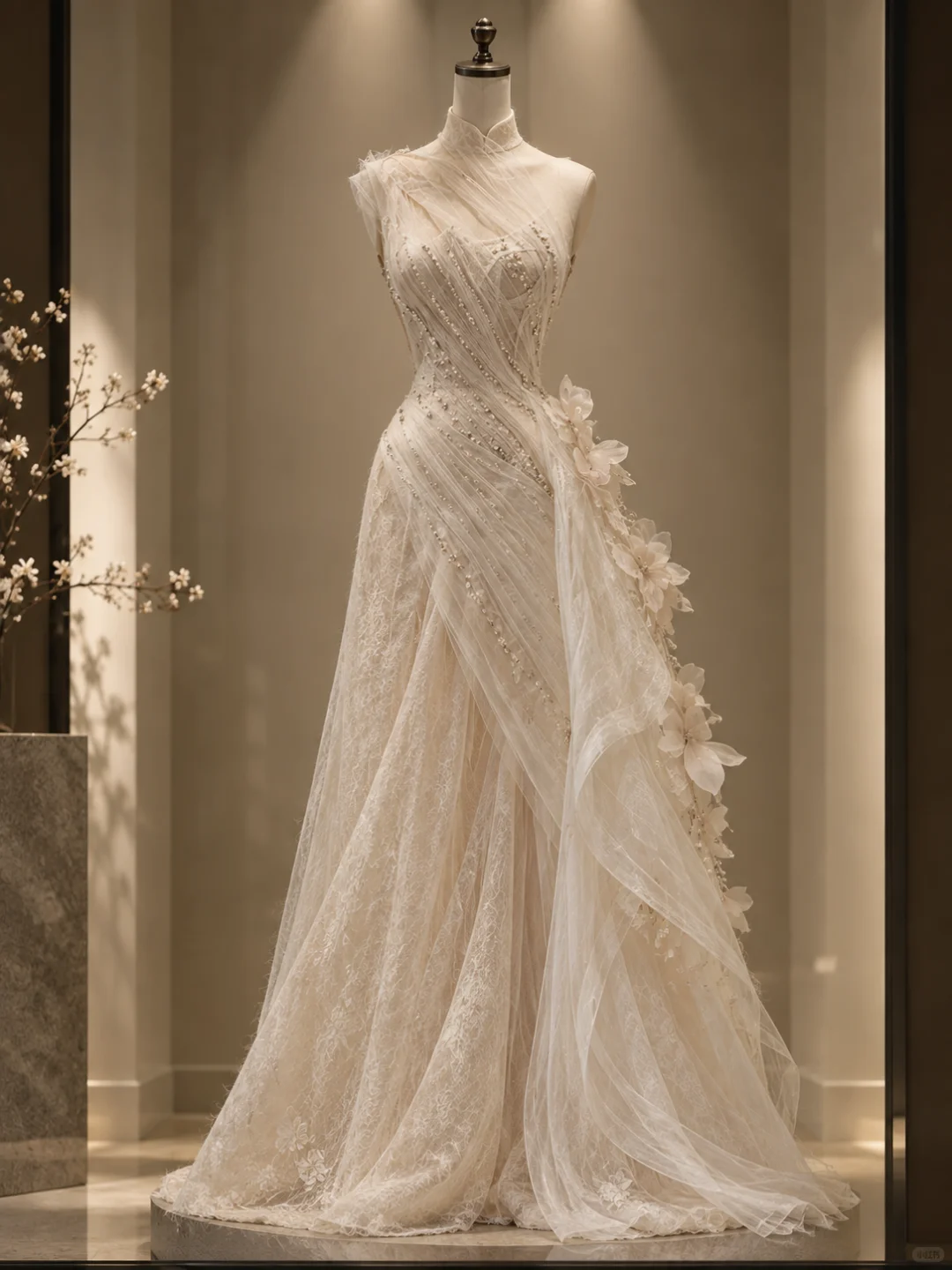 ✨Girlhomeshops-Romantic Ivory Halter Lace Qipao Bridal Evening Gown with Satin Bow gh10334