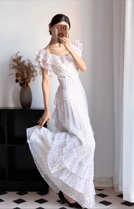 White‑Light‑Blue‑Ditsy‑Floral‑Maxi‑Gown Wide‑Square‑Neck‑Ruffle‑Flutter‑Shoulder Fitted‑Waist Asymmetrical‑Multi‑Tier‑Ruffle‑Skirt Light‑Chiffon Cottage‑Core‑Bridesmaid‑Evening‑Dress gh8851
