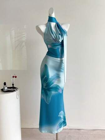 Light Blue Printed Halter Cowl Neck Waist-Cinched Fitted Elegant Evening Dress, Fairy Gown, Romantic Gown gh7443