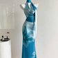 Light Blue Printed Halter Cowl Neck Waist-Cinched Fitted Elegant Evening Dress, Fairy Gown, Romantic Gown gh7443