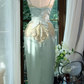Sage Green Satin Spaghetti Strap Midi Mermaid Evening Dress, Gold Lace Floral Appliques Formal Gown gh9504