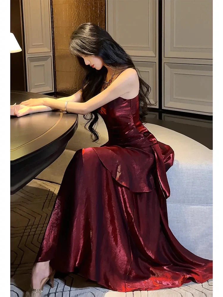 Robe de soirée longue à volants, style chic bordeaux/vert, gh4318