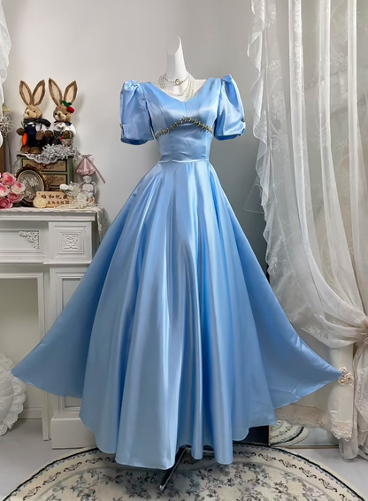 Light Blue Satin Long Evening Gown, V Neck Puff Short Sleeve Beaded Rhinestone A-Line Princess Prom Dress gh9271