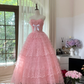 Rosa süße Mode elegante exquisite Spitze Bogen lange Tüll Spitze Prinzessin Ballkleid Abendkleid Geburtstagskleid Erwachsene Zeremonie Kleid gh4033