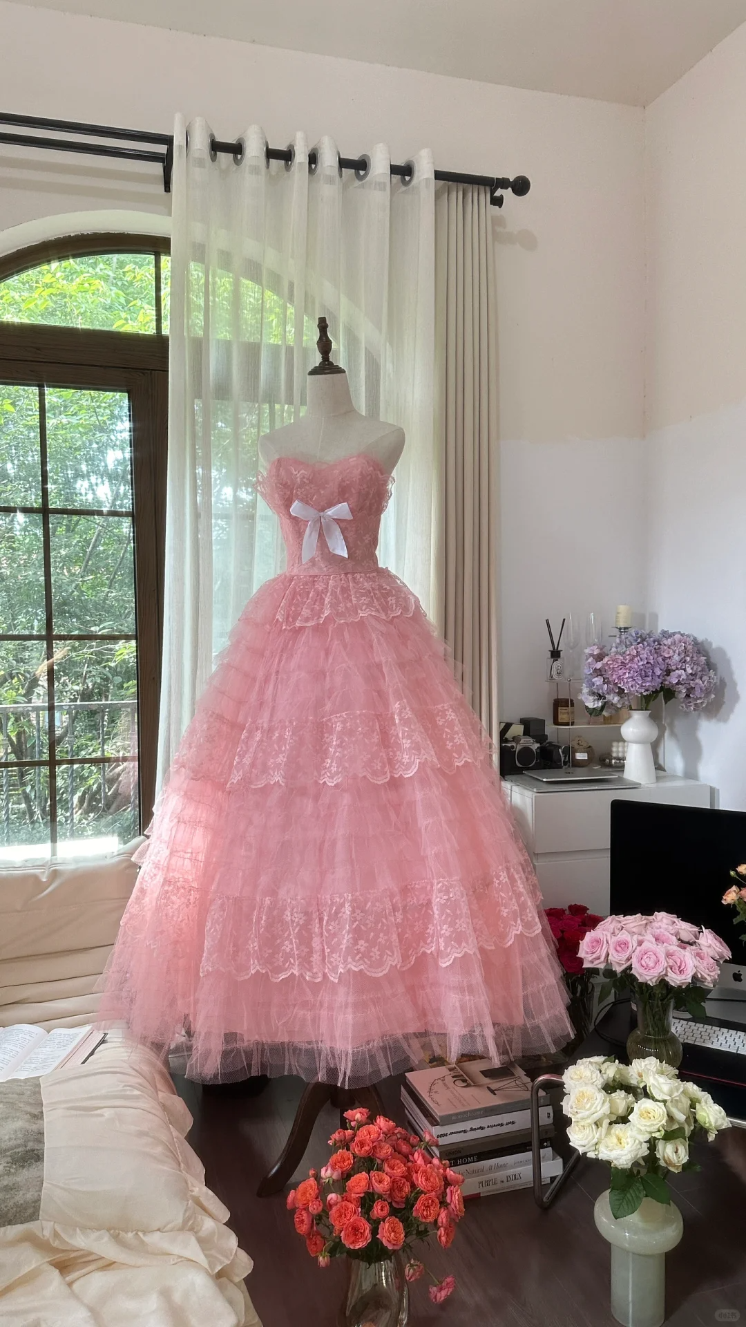 Rosa süße Mode elegante exquisite Spitze Bogen lange Tüll Spitze Prinzessin Ballkleid Abendkleid Geburtstagskleid Erwachsene Zeremonie Kleid gh4033