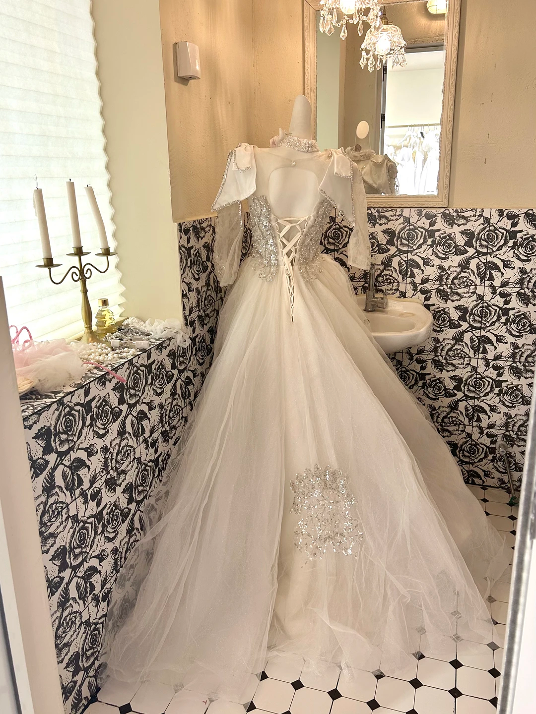 Ivory Rhinestone Cinched Waist Figure-Flattering Voluminous Skirt Long Premium Romantic Dress, Wedding Gown gh7811