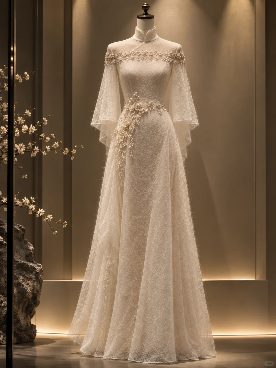 ✨Girlhomeshops-Ivory High Neck Qipao Wedding Dress Lace Bell Sleeve with Pearl Floral Appliques gh10313