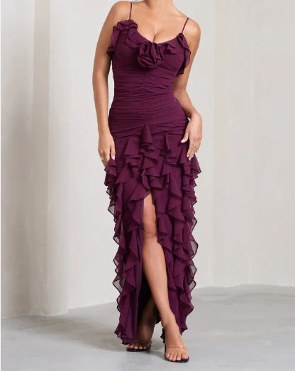 Purple Elegant Sexy Spaghetti Strap Ankle Length Chiffon Ruffle prom Evening Dress Party Dress gh3320