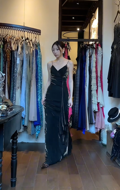 Black V Neck Spaghetti Straps Evening Gown Gold Embroidery Mermaid Long Prom Dress gh9680