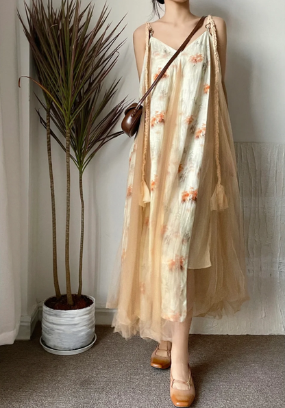 Ink‑Wash‑Orange‑Floral‑Slip‑Maxi‑Gown V‑Neck‑Gathered‑Loose‑Fit Braided‑Tassel‑Straps Apricot‑Tulle‑Overlay Crinkle‑Textured‑Lining New‑Chinese‑Style‑Vacation‑Bridal‑Dress gh8857