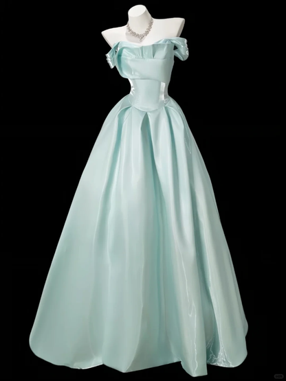 Mint Green One Shoulder Waist-Cinched Long Evening Dress, Fairy Gown, Romantic Gown gh7370