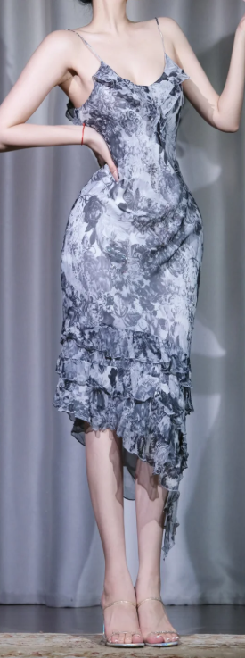 ✨Girlhomeshops-Grey Floral Print Chiffon Midi Dress, V Neck Spaghetti Straps Ruffled Irregular Hem Formal Gown gh9928