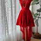 Bright Red Lace Stand Collar Gown: Asymmetrical Hem, Sleeveless Waist, Party Retro Mini Dress gh6582