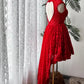 Bright Red Lace Stand Collar Gown: Asymmetrical Hem, Sleeveless Waist, Party Retro Mini Dress gh6582