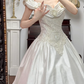 Ivory Vintage Satin Wedding Gown, Off‑the‑Shoulder Ruffle 3D Floral Neckline, All‑Over Lace Appliqués Fitted Bodice, Fitted Waist, Voluminous Satin A‑Line Ball Gown Skirt, Bridal Prom Dress gh8750