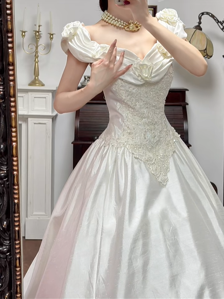 Ivory Vintage Satin Wedding Gown, Off‑the‑Shoulder Ruffle 3D Floral Neckline, All‑Over Lace Appliqués Fitted Bodice, Fitted Waist, Voluminous Satin A‑Line Ball Gown Skirt, Bridal Prom Dress gh8750