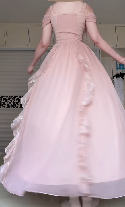 Soft Pink Spaghetti Strap Off‑Shoulder Long Gown, Lace Trim Square Neck, Corset Lace‑Up Bodice, Shoulder Bow Detail, Satin Ruffle Trim, Tulle Ball‑Gown Maxi Skirt, Prom Party Dress gh8926