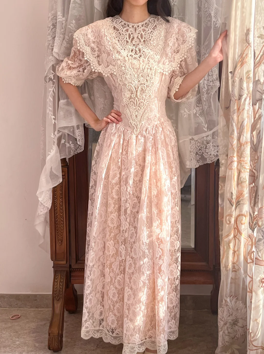 Light Pink Cape Collar Floral Lace Vintage Victorian Puff Sleeve Maxi Dress gh9317