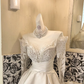 Ivory Long Sleeve Sheer Rhinestone Cinched Waist Full Flared Skirt Long Premium Vintage Romantic Dress, Wedding Gown gh7788