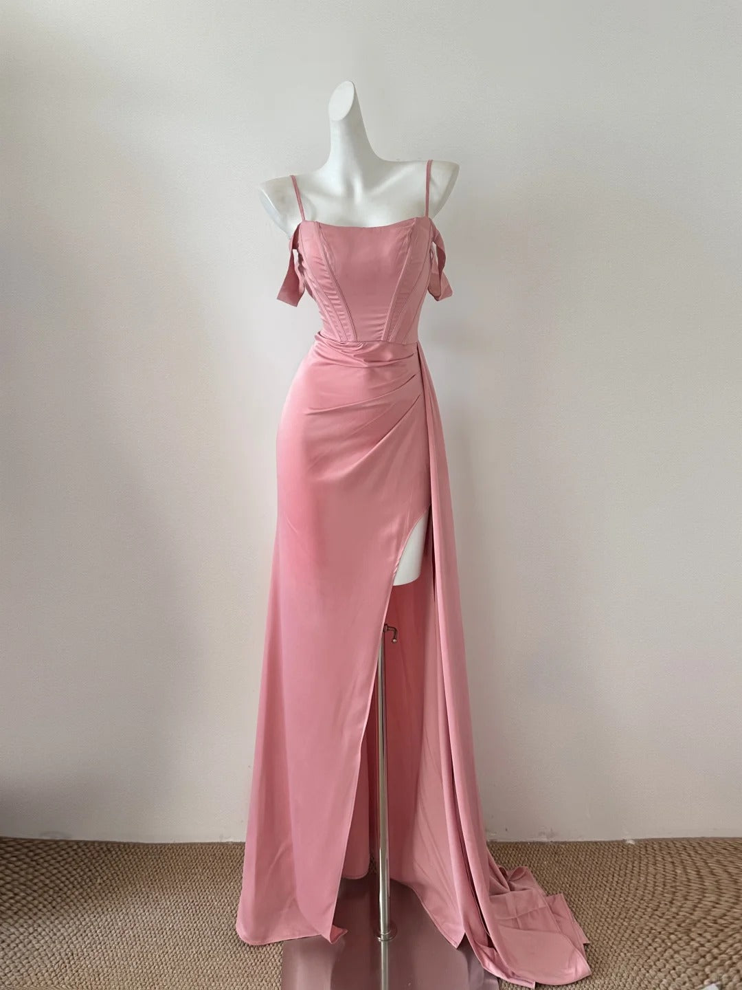 Rosa Süße Mode Elegante Lange Bodenlangen Satin Sexy Schlitz Ballkleid Abendkleid Partykleid Prom Kleid gh4050