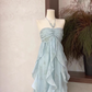 Blue halter back fashionable and elegant chiffon flowing ruffled long skirt 11278