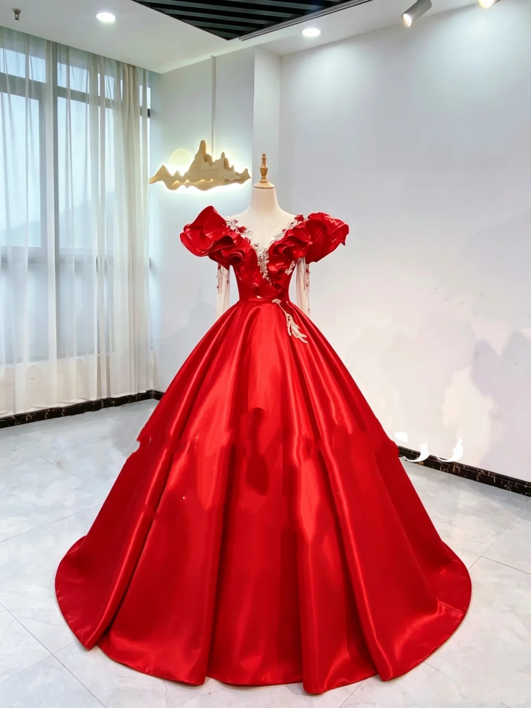 Red Puff Sleeve Waist-Cinched Fitted Full Skirt Grand Evening Dress, Fairy Gown, Romantic Gown gh7386