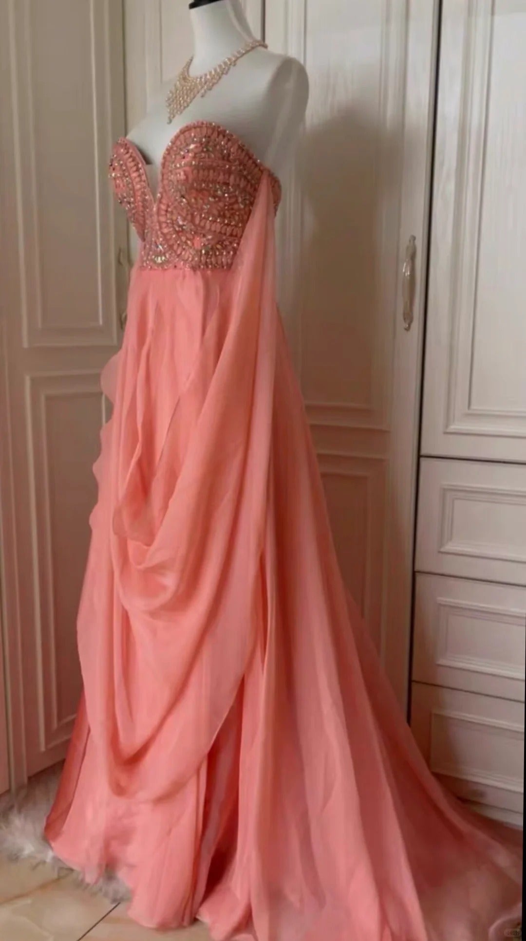 ✨Robe de soirée longue en mousseline de soie rose fantaisie déesse grecque gh4269
