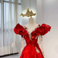 Red Puff Sleeve Waist-Cinched Fitted Full Skirt Grand Evening Dress, Fairy Gown, Romantic Gown gh7386