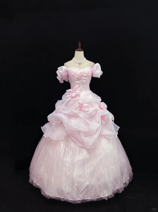 Blush Pink Off-the-Shoulder Romantic Gown, Cinched Waist, Voluminous Princess Skirt, Wedding Dress & Bridal Gown gh8178