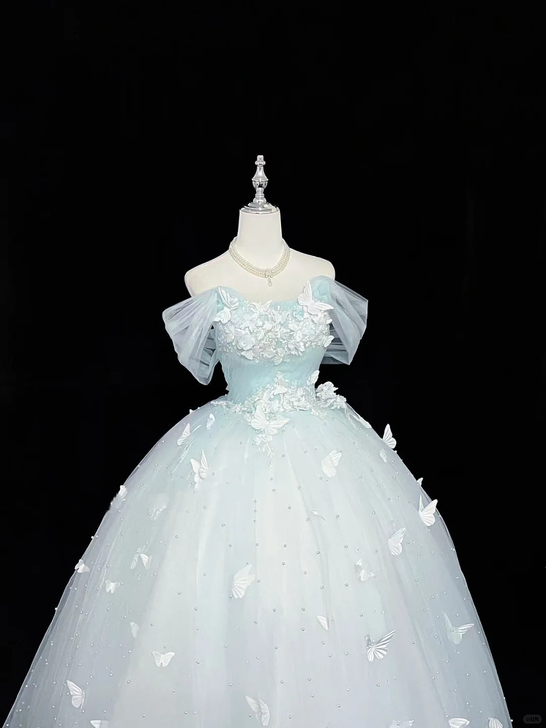 Light Blue Off-the-Shoulder Cinched Waist Voluminous Butterfly Hem Romantic Dress, Wedding Gown gh7958