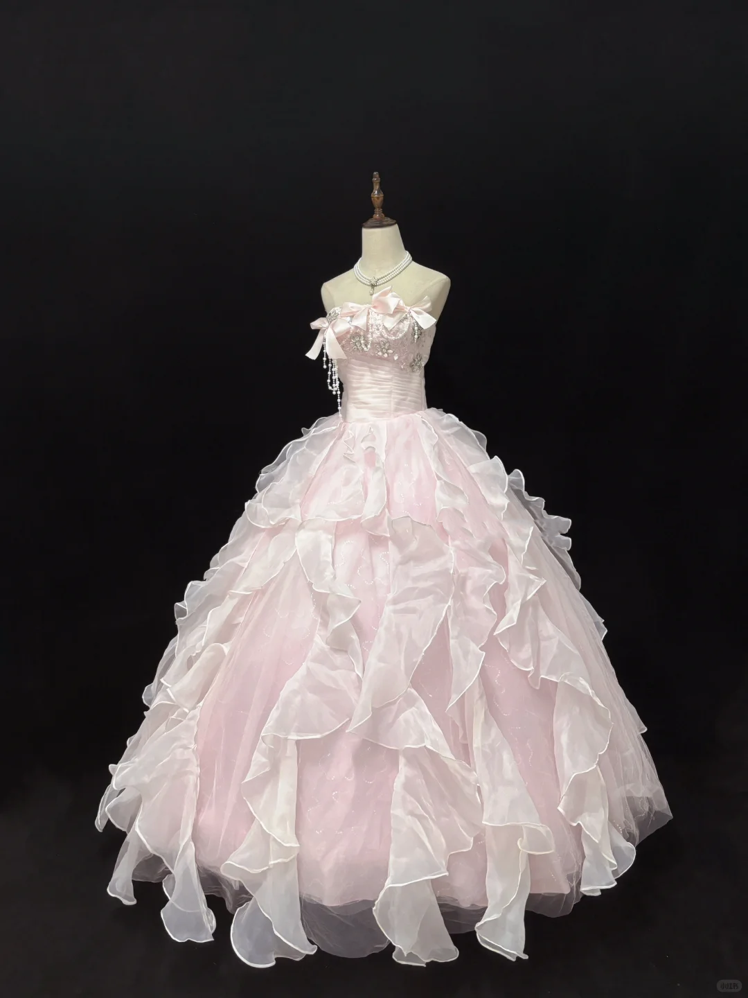 Blush Pink Strapless Long Romantic Dress with Beaded Embellishments, Cinched Waist & Voluminous Tiered Skirt, Wedding Gown gh8094
