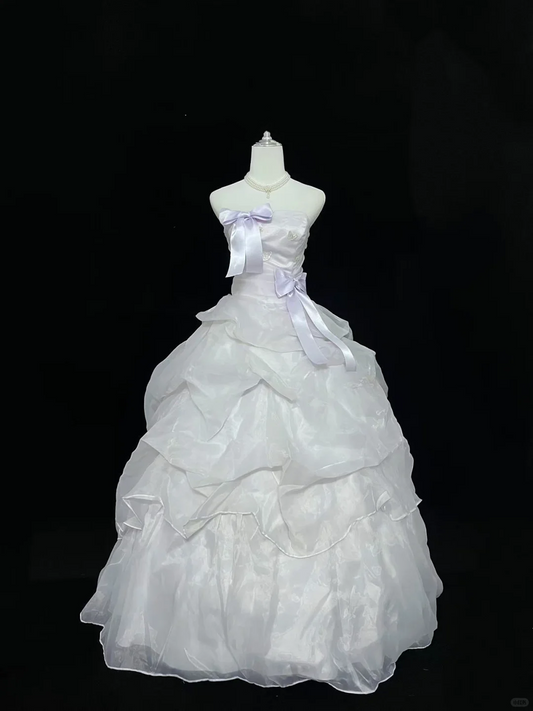 Lavender Ombre Strapless Bow Cinched Waist Voluminous Princess Skirt Long Romantic Dress, Wedding Gown gh8004
