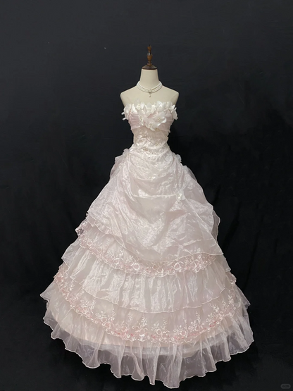 Blush Pink Floral Strapless Wedding Dress, Cinched Waist, Tiered Cake Skirt gh8269