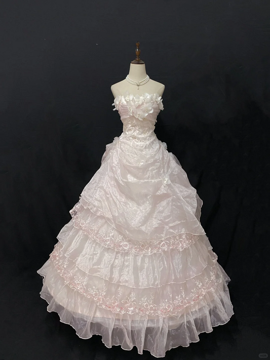 Blush Pink Floral Strapless Wedding Dress, Cinched Waist, Tiered Cake Skirt gh8269