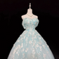 Light Blue Strapless Cinched Waist Embroidered Voluminous Skirt Long Romantic Dress, Wedding Gown gh7918