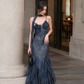 Navy Blue Spaghetti Straps Waist-Cinched Fitted Vintage Elegant Prom Dress, Evening Gown gh7296